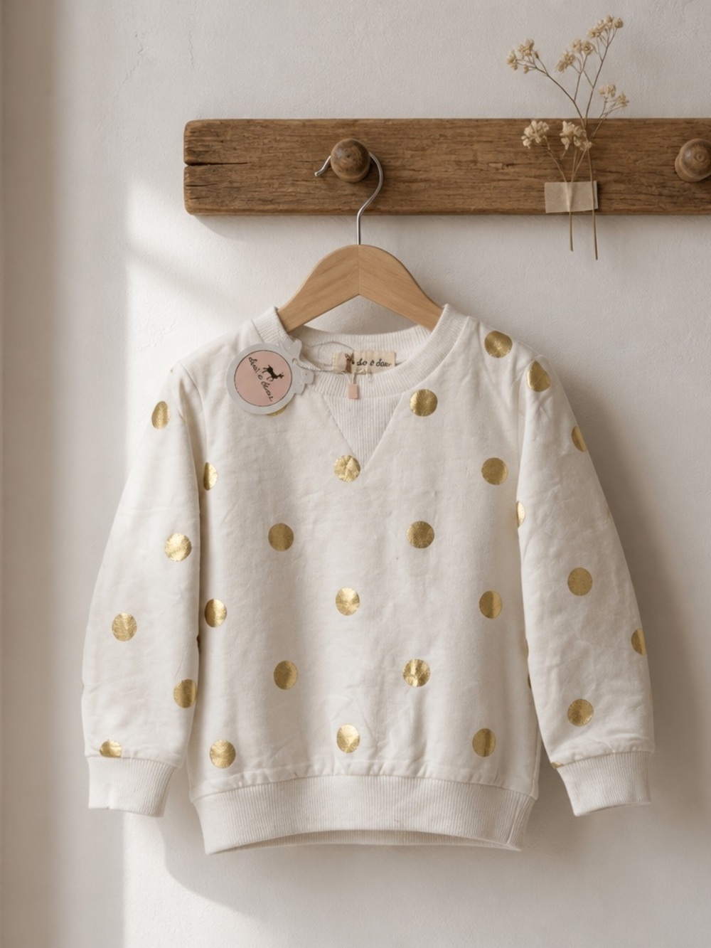 NWT Doe A Dear Toddler Girls White Gold Polk a Dot Long Sleeve Top Sweatshirt 2T